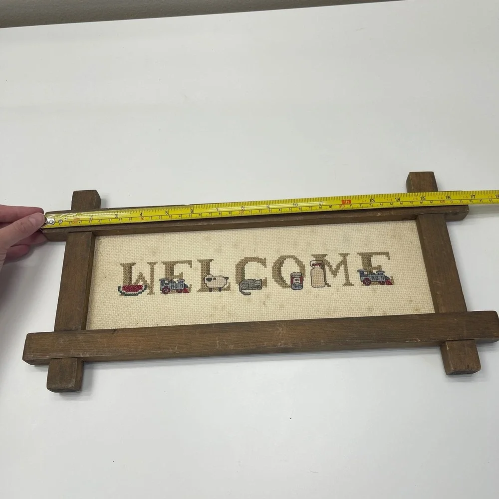 Vintage Handmade Cross Stitch Welcome Sign Wood Farmhouse Country Cottage Decor